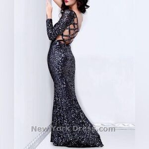 Primavera Couture Black Sequin Long Sleeve Back-Cutout Gown